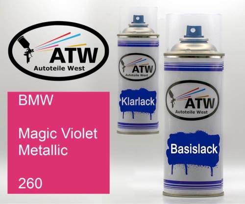 BMW, Magic Violet Metallic, 260: 400ml Sprühdose + 400ml Klarlack - Set, von ATW Autoteile West.